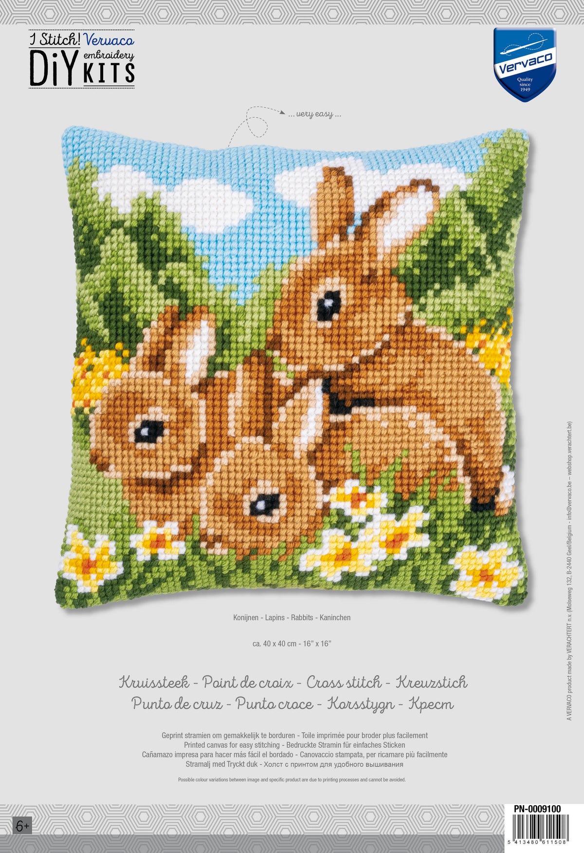 Vervaco Rabbits cross stitch cushion kit showing the finished cushion design