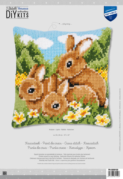 Vervaco Rabbits cross stitch cushion kit showing the finished cushion design