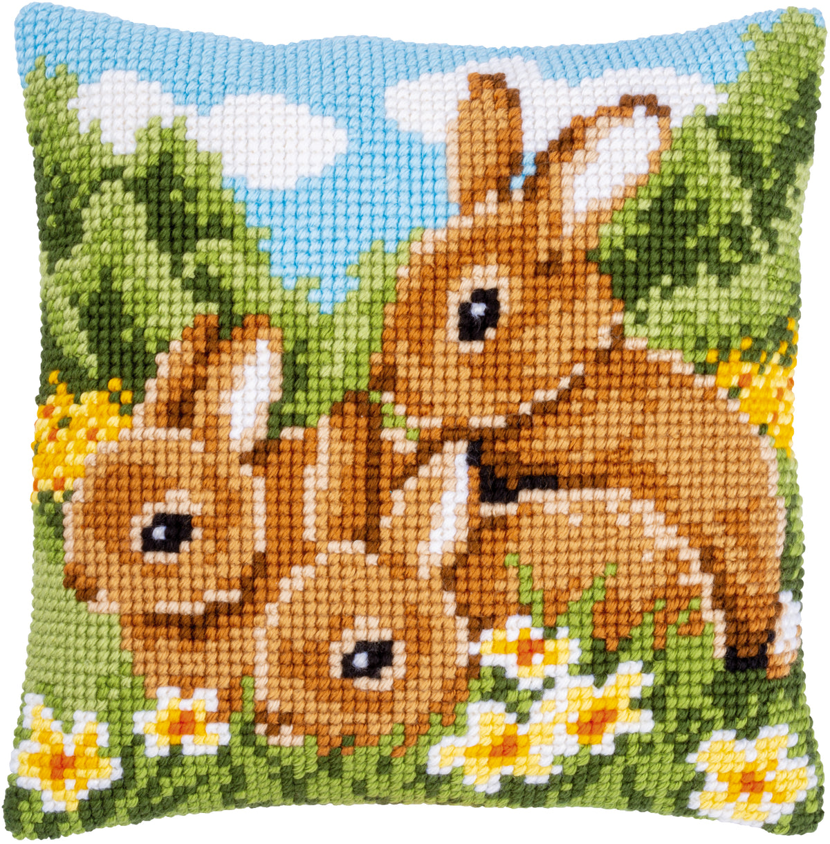 Vervaco Rabbits cross stitch cushion kit showing the finished cushion design
