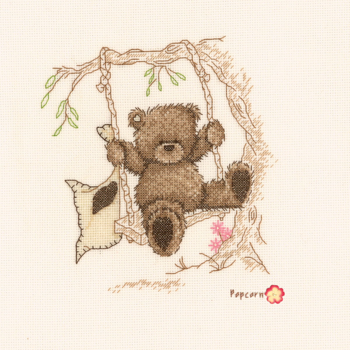 Vervaco Popcorn the bear on a rope swing cross stitch design