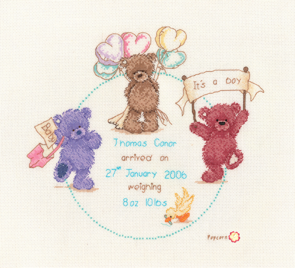 Finished Vervaco Popcorn Celebration birth record cross stitch