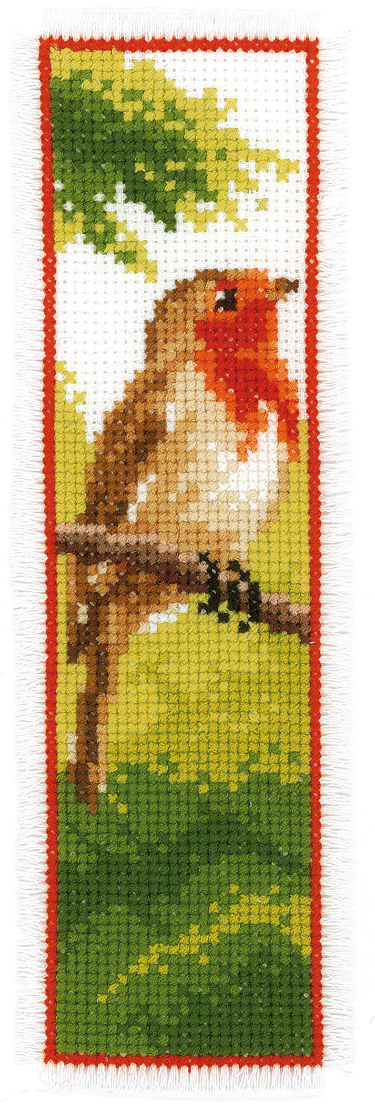 Two finished Vervaco Robin cross stitch bookmarks