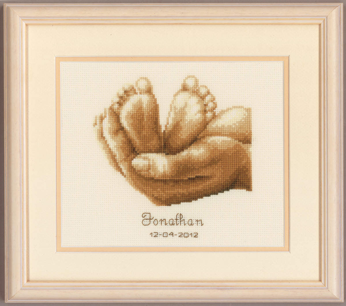 Finished Vervaco Little Feet birth record cross stitch