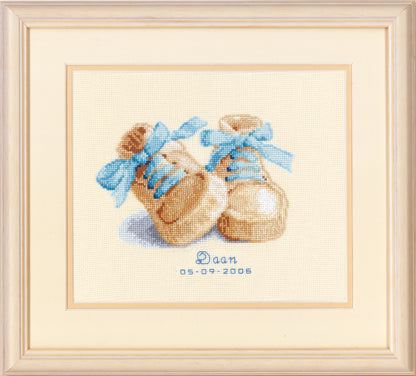 Finished Vervaco Baby Shoes birth record cross stitch