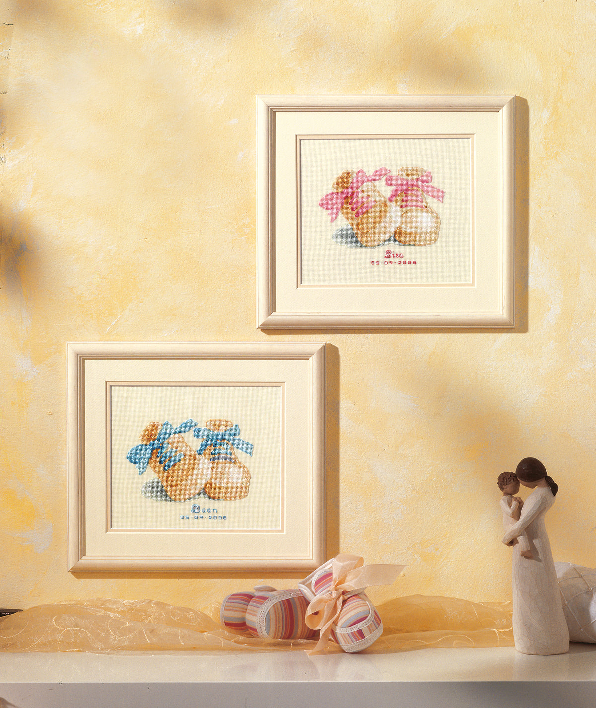 Finished Vervaco Baby Shoes birth record cross stitch