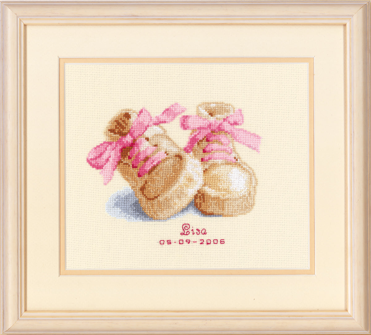 Finished Vervaco Baby Shoes birth record cross stitch