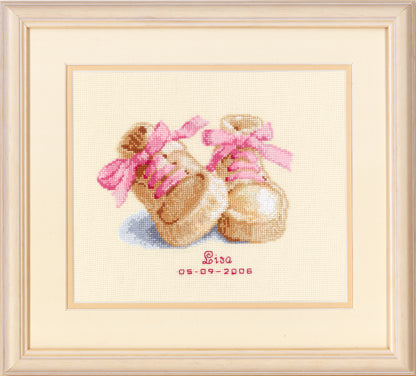 Finished Vervaco Baby Shoes birth record cross stitch