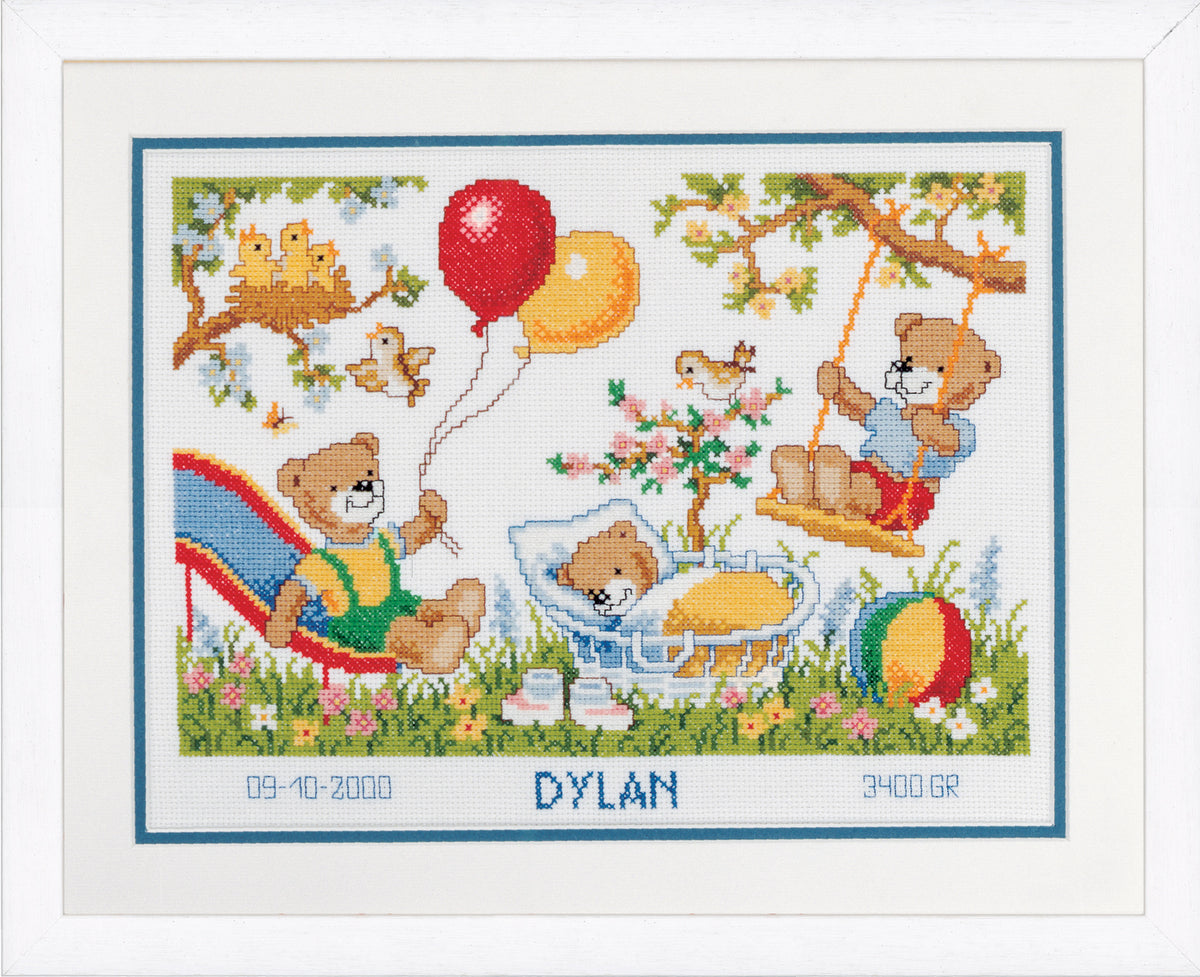 Finished Vervaco Teddies in the Garden birth record cross stitch