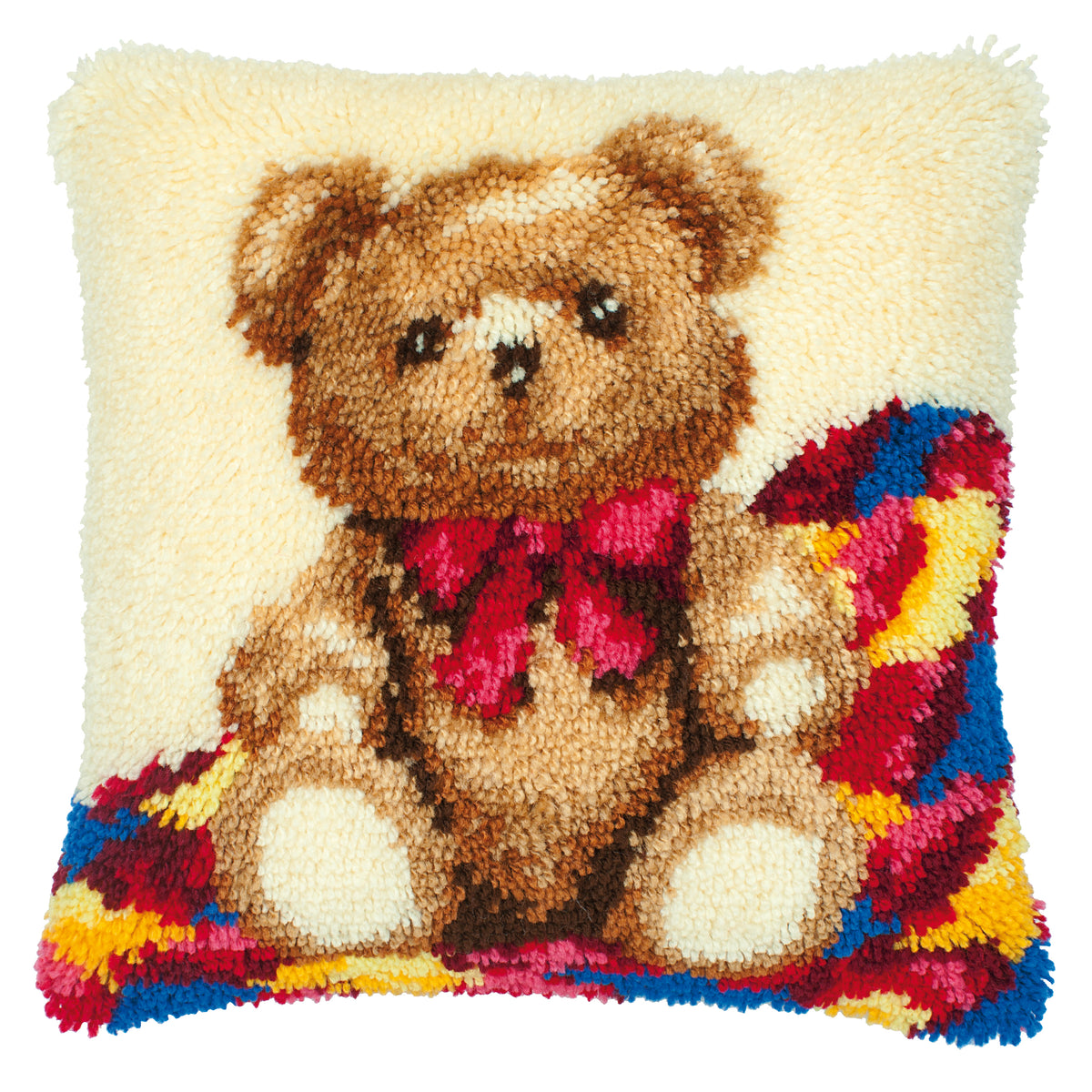 Latch hook cushion with a teddy design