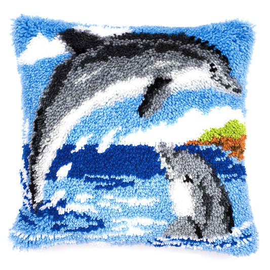 Latch hook cushion with a dolphins design