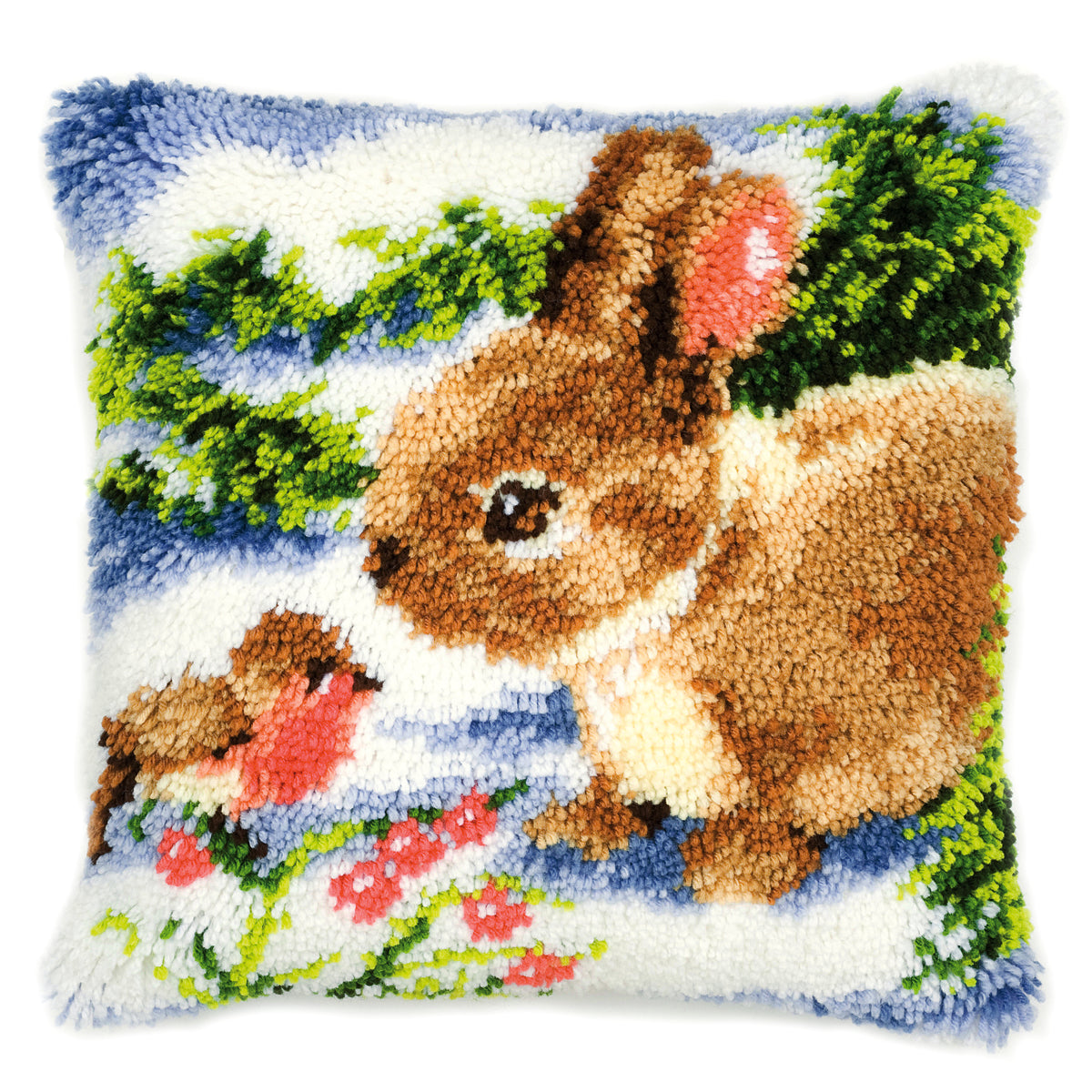 Latch hook cushion with a winter scene with a rabbit and a robin