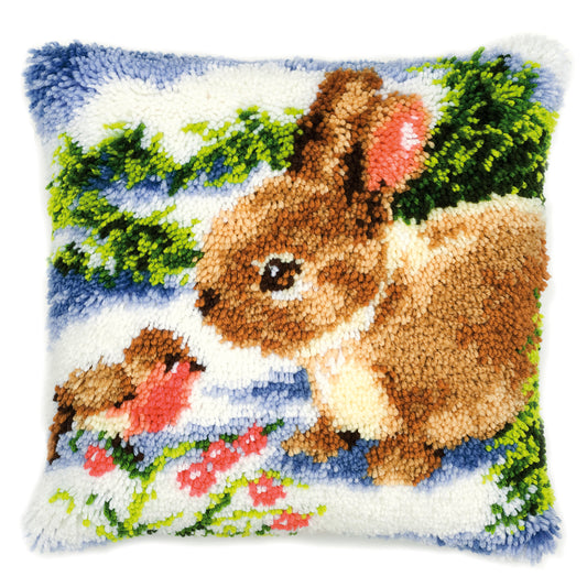 Latch hook cushion with a winter scene with a rabbit and a robin