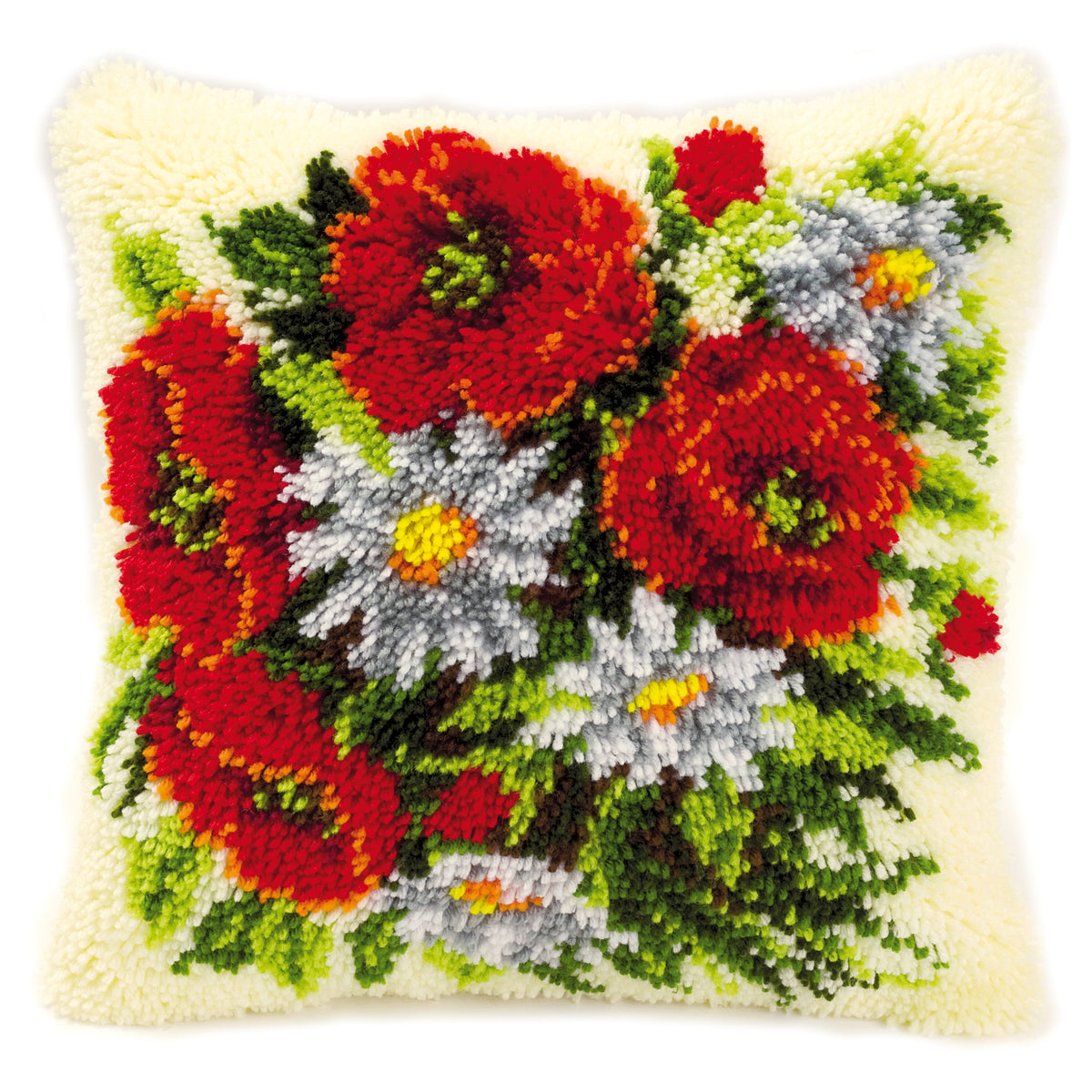 Latch hook cushion with red poppies and white daisies on cream