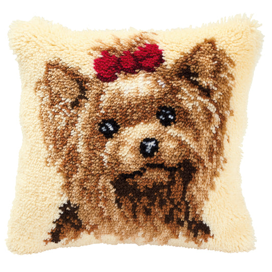 Latch hook cushion with a yorkshire terrier design