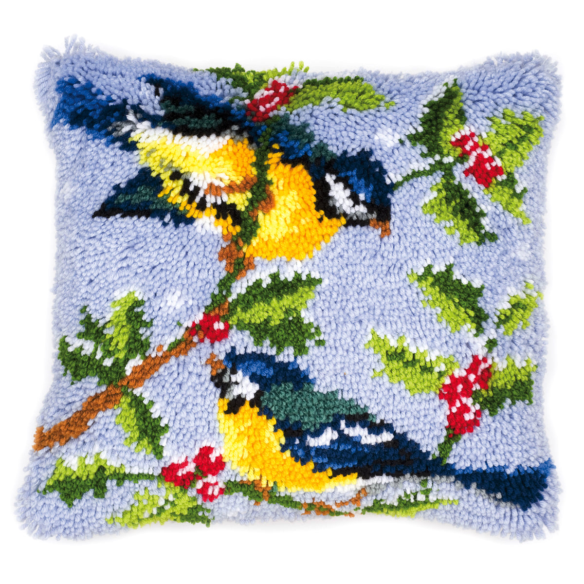 Latch hook cushion with a winter scene with blue tits