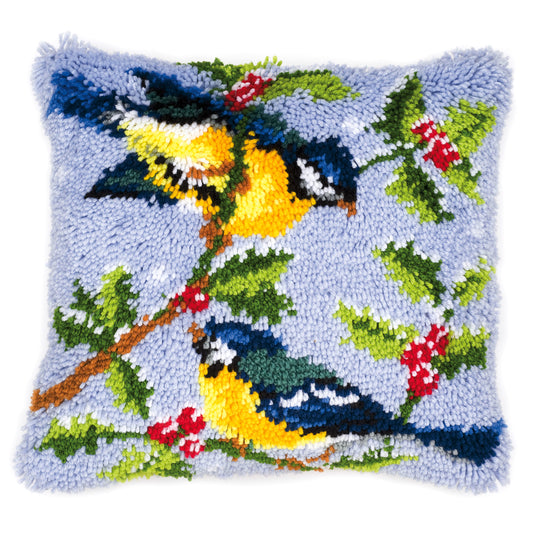 Latch hook cushion with a winter scene with blue tits