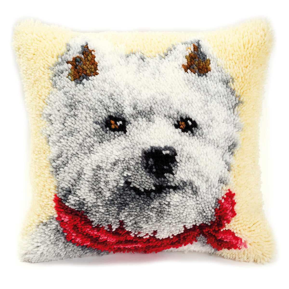 Latch hook cushion with a west highland terrier design