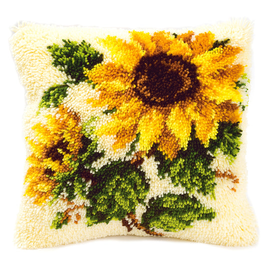 Latch hook cushion with yellow sunflowers on cream