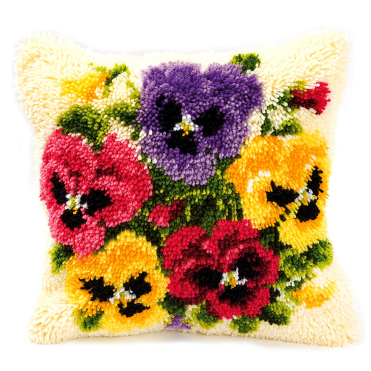 Latch hook cushion with a pansies design
