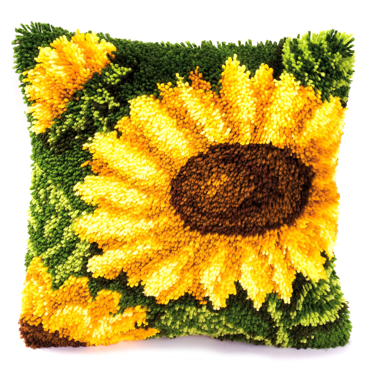Latch hook cushion with a large sunflower on green