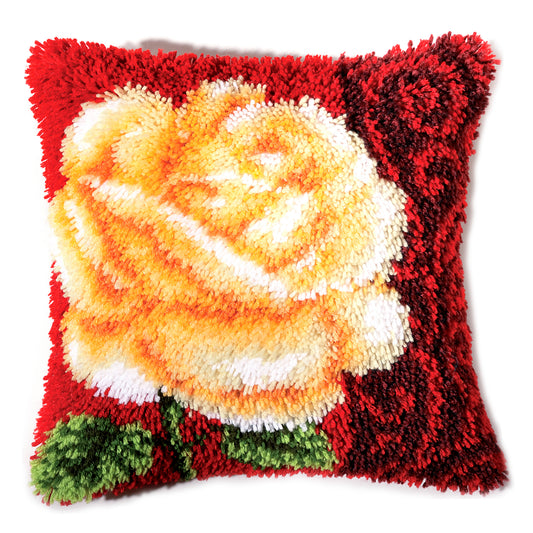 Finished Vervaco latch hook cushion with a rose design
