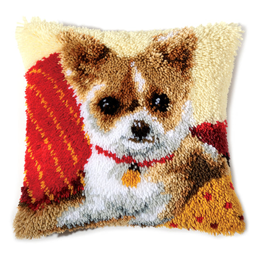 Finished Vervaco latch hook cushion with a chihuahua design