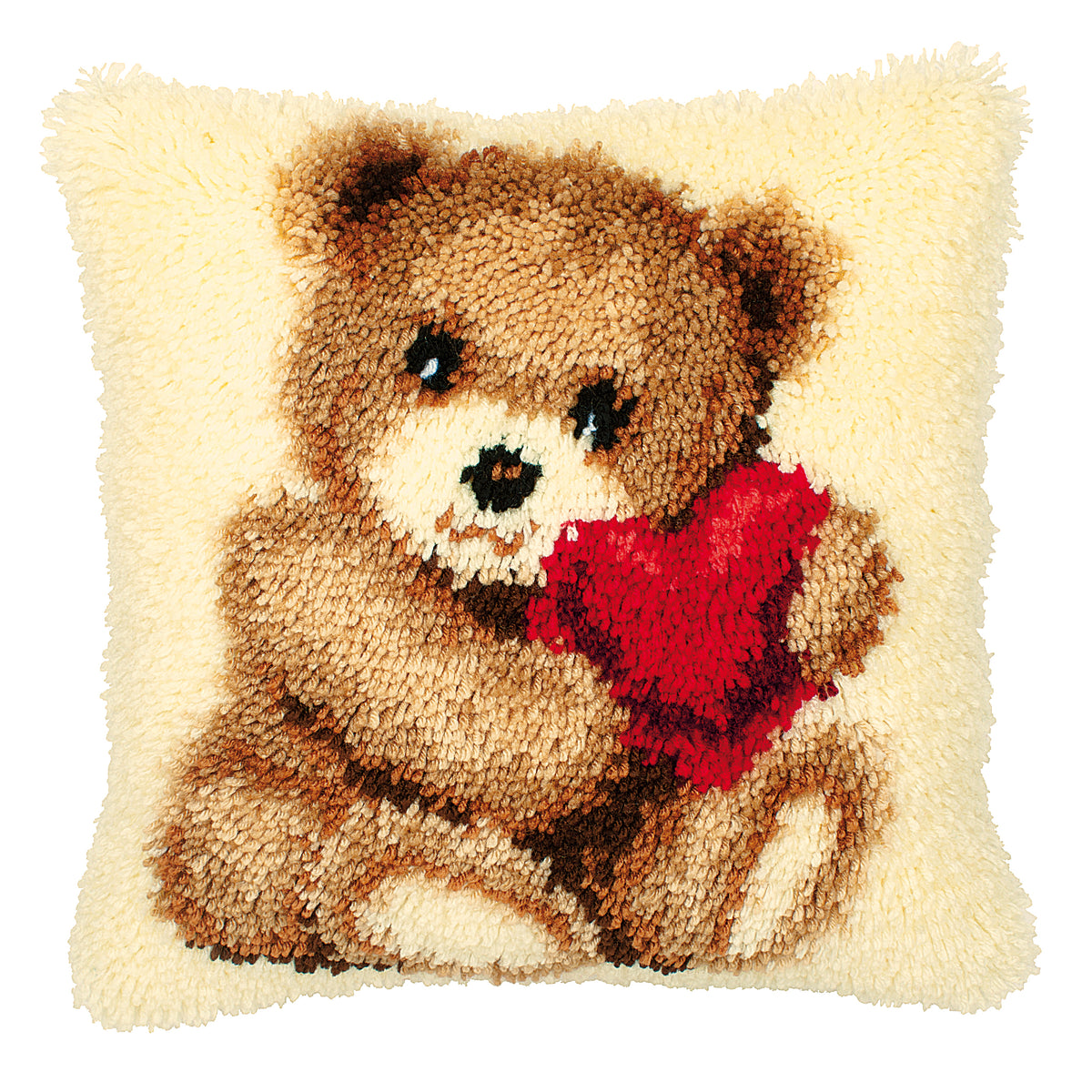 Finished Vervaco latch hook cushion with a teddy design