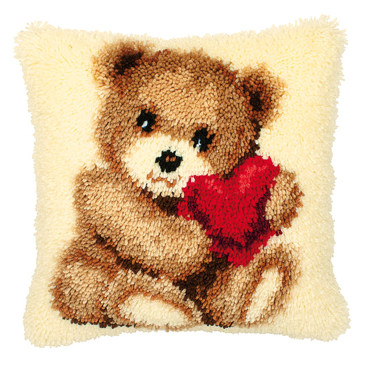 Finished Vervaco latch hook cushion with a teddy design