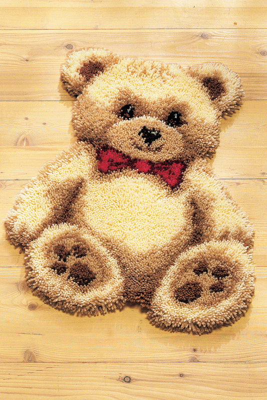Finished Vervaco latch hook rug with a teddy design