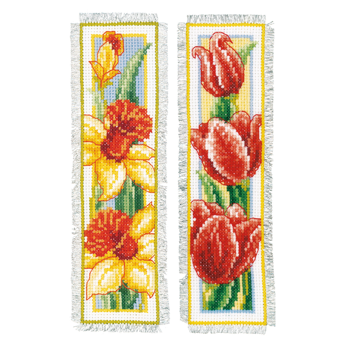 Two cross stitch bookmarks with flower designs