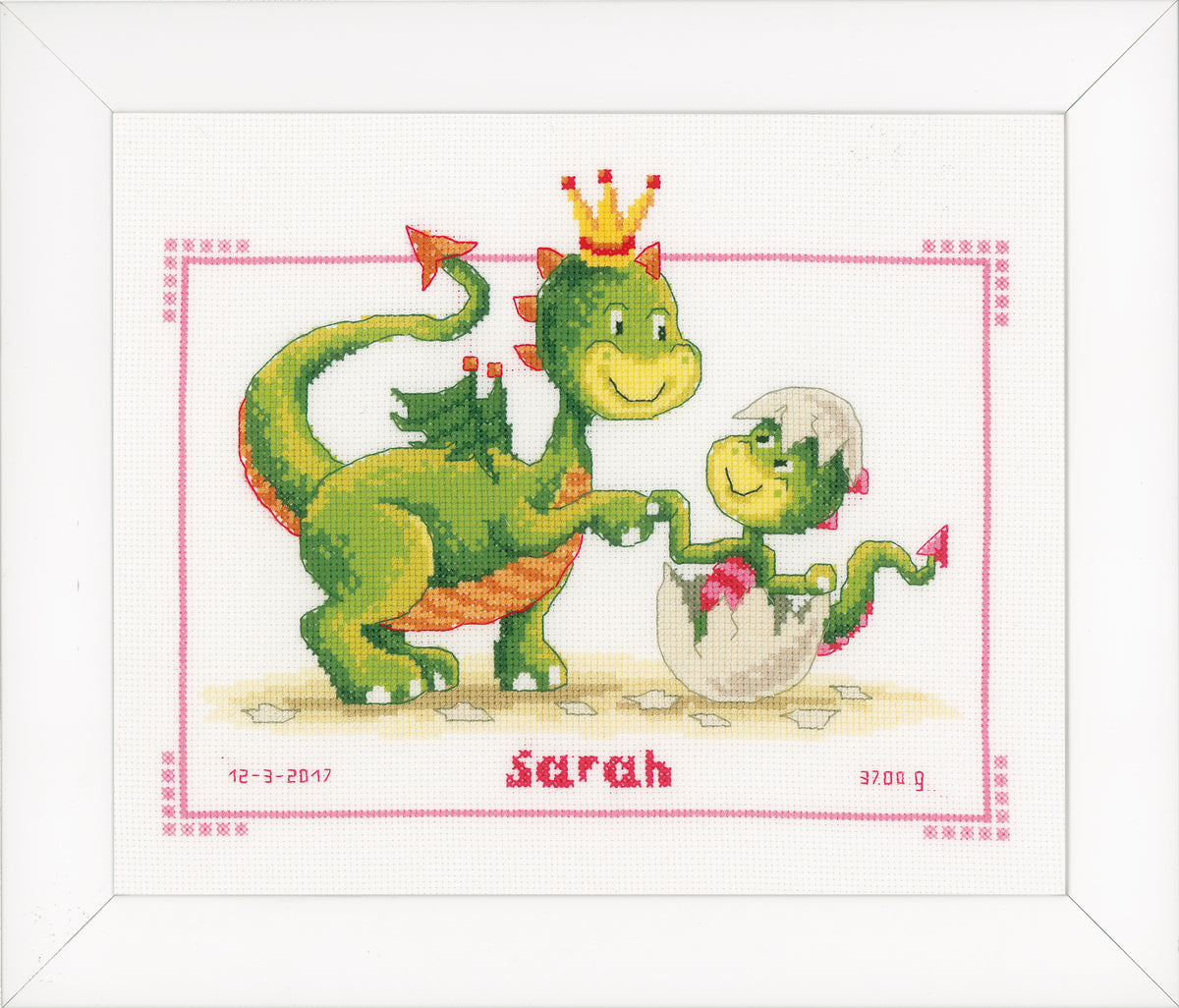 Cross stitch birth record with cute dragons