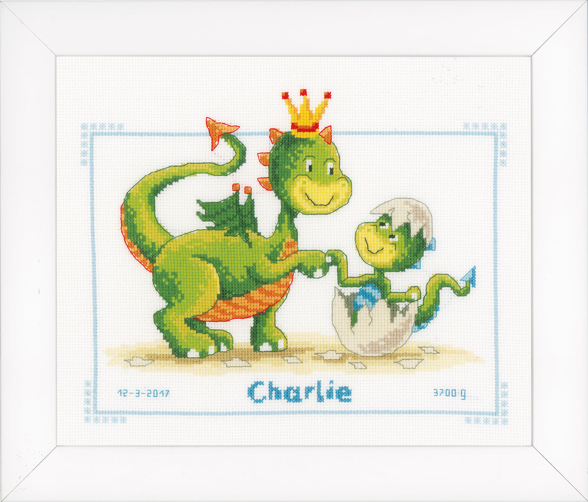 Cross stitch birth record with cute dragons