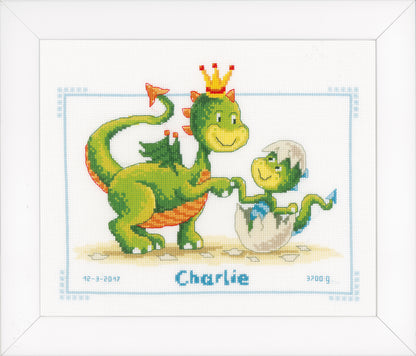 Cross stitch birth record with cute dragons