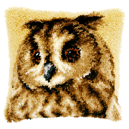 Finished Vervaco latch hook cushion with a brown owl design