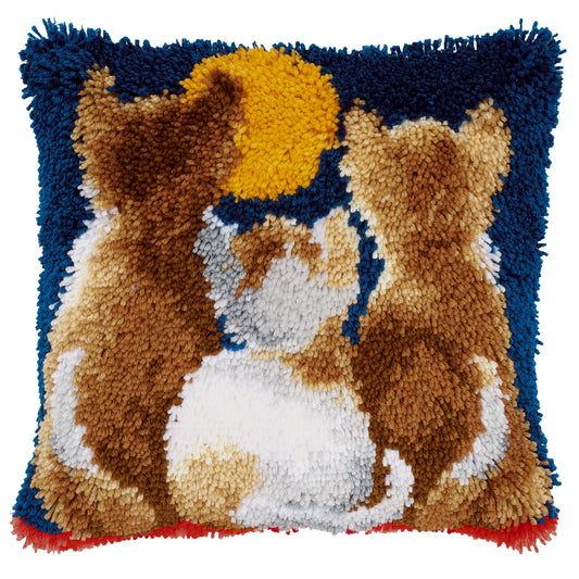 Finished Vervaco latch hook cushion with a cats at night design