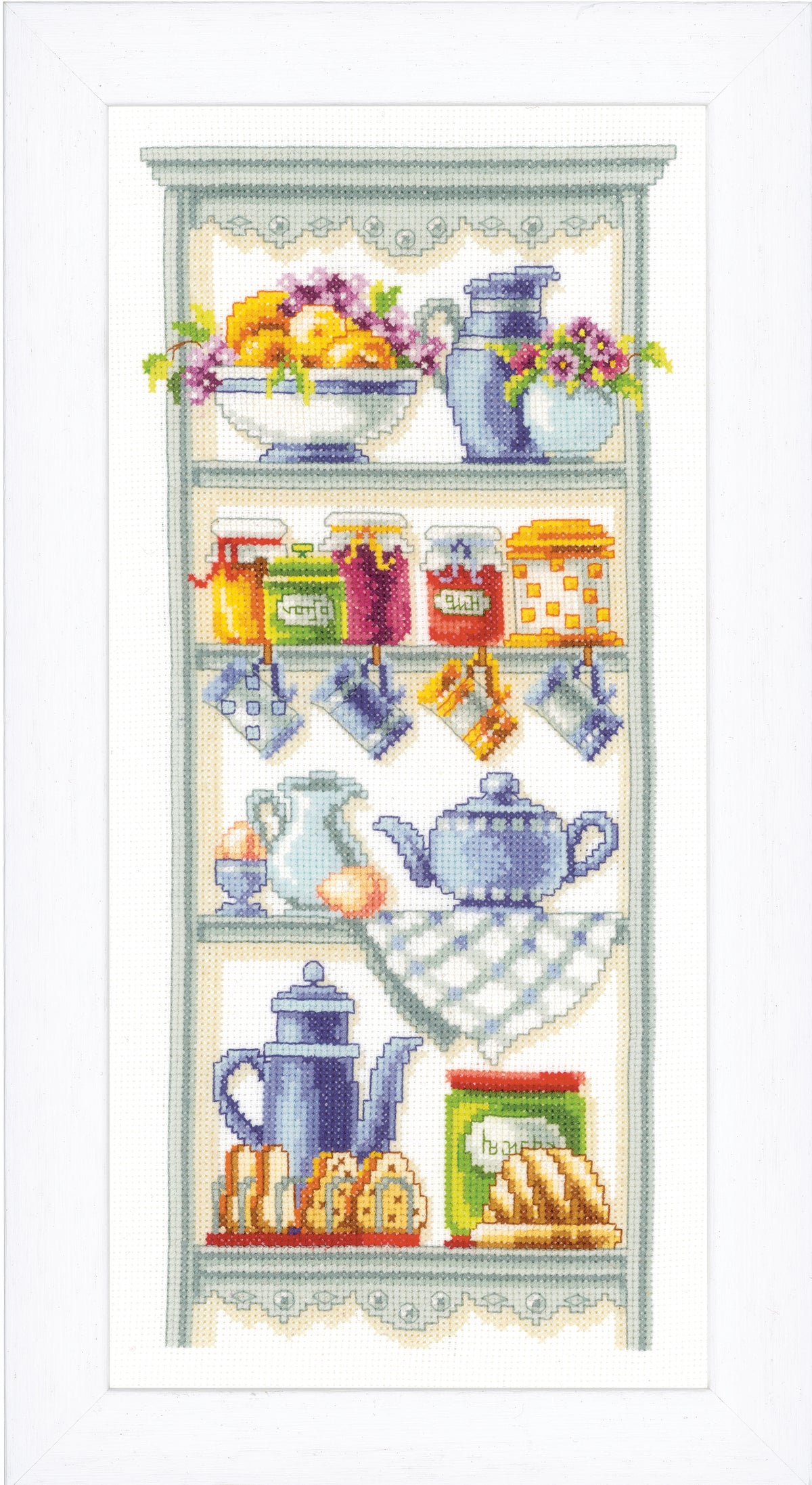 Cross stitch of a kitchen shelf with jars and crockery