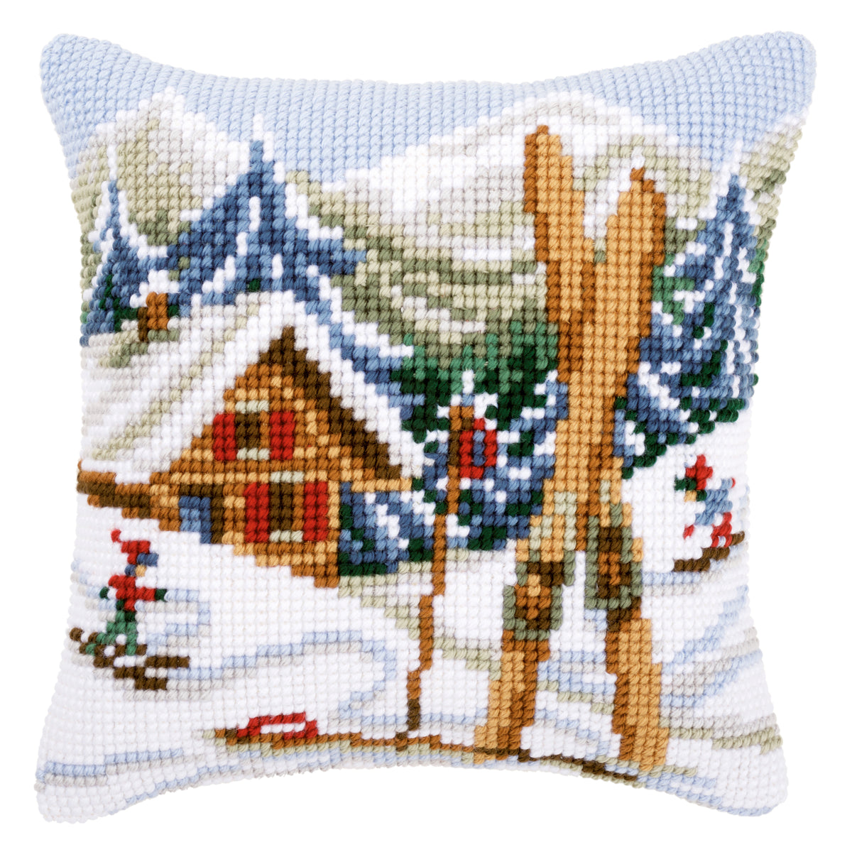 Cross stitched cushion with a snowy winter fun design