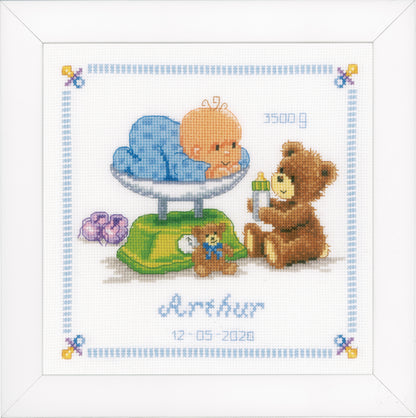Finished Vervaco baby and bear cross stitch birth record