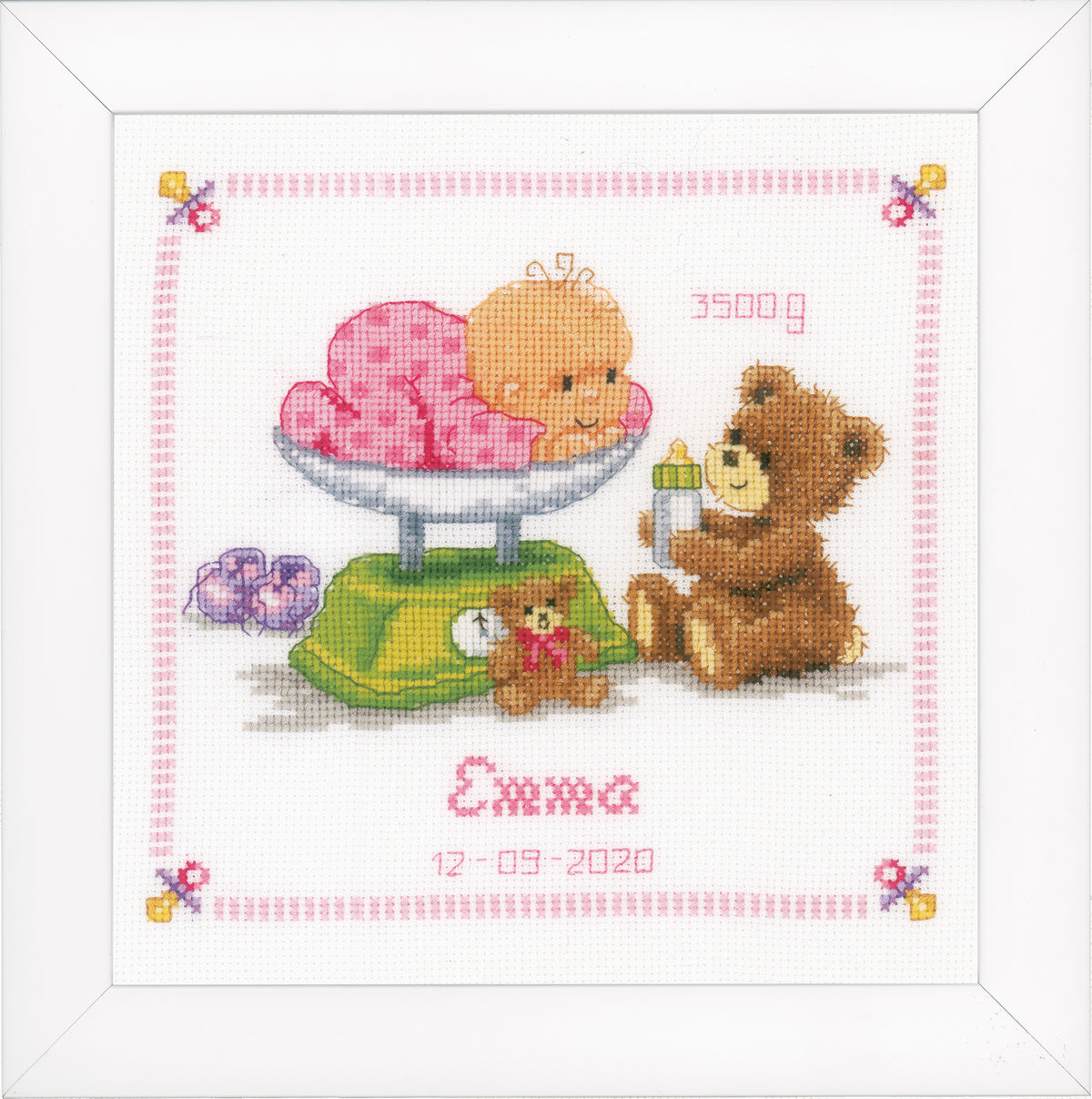 Finished Vervaco baby and bear cross stitch birth record