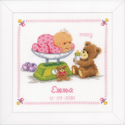 Finished Vervaco baby and bear cross stitch birth record