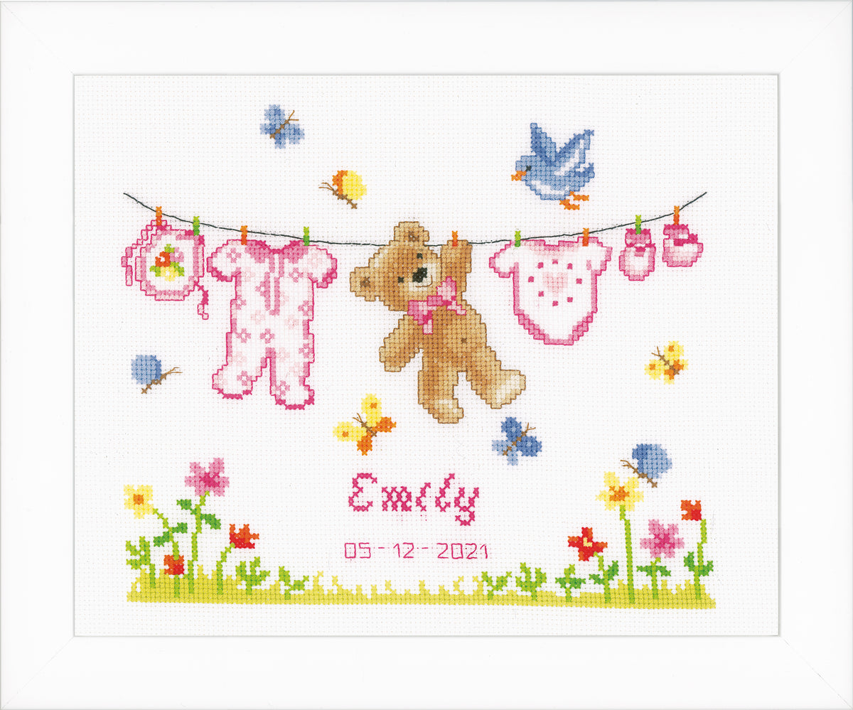 Finished Vervaco bear cross stitch birth record