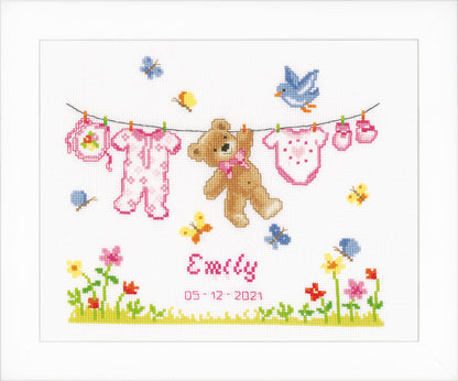 Finished Vervaco bear cross stitch birth record