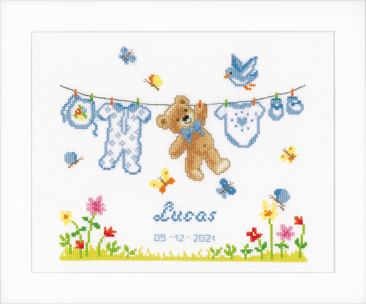 Finished Vervaco bear cross stitch birth record