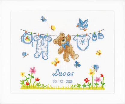 Finished Vervaco bear cross stitch birth record