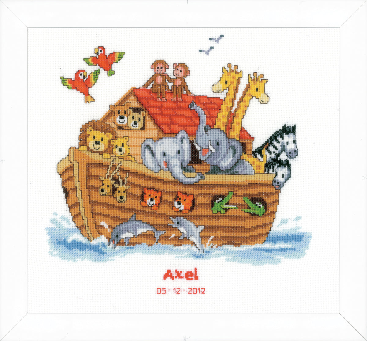 Finished Vervaco Noah's Ark cross stitch birth record