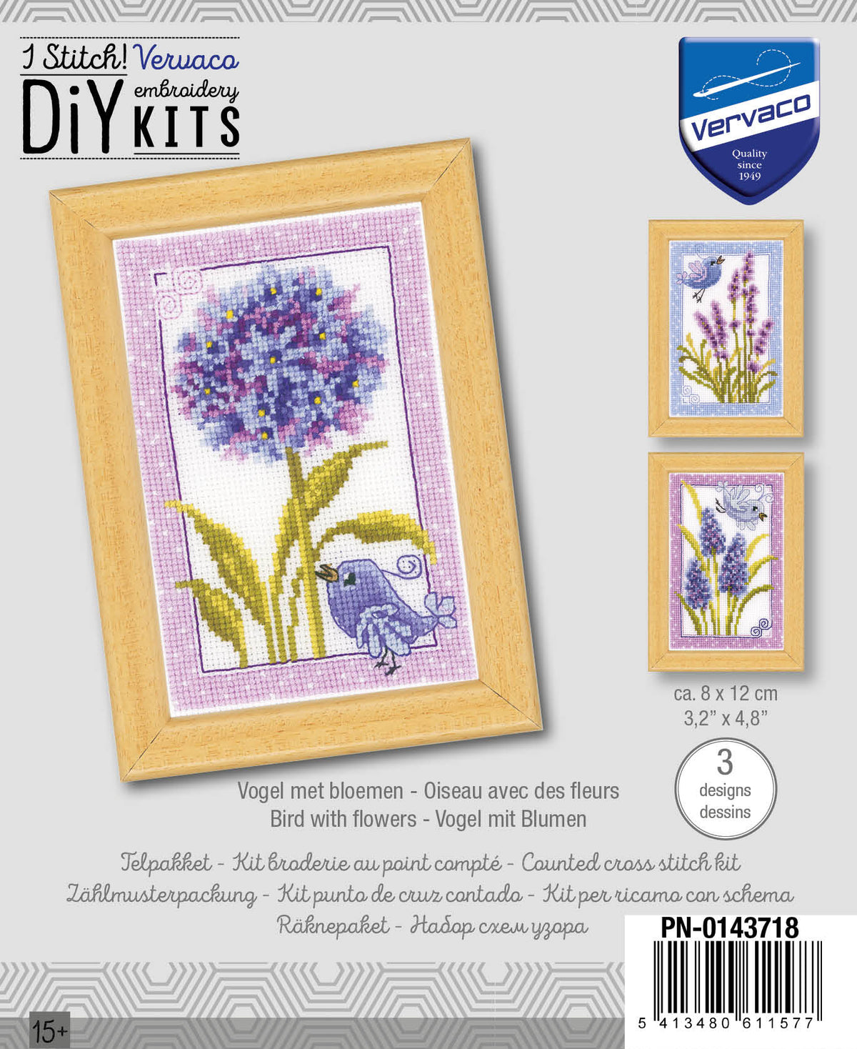 Three miniature cross stitched designs of birds with flowers