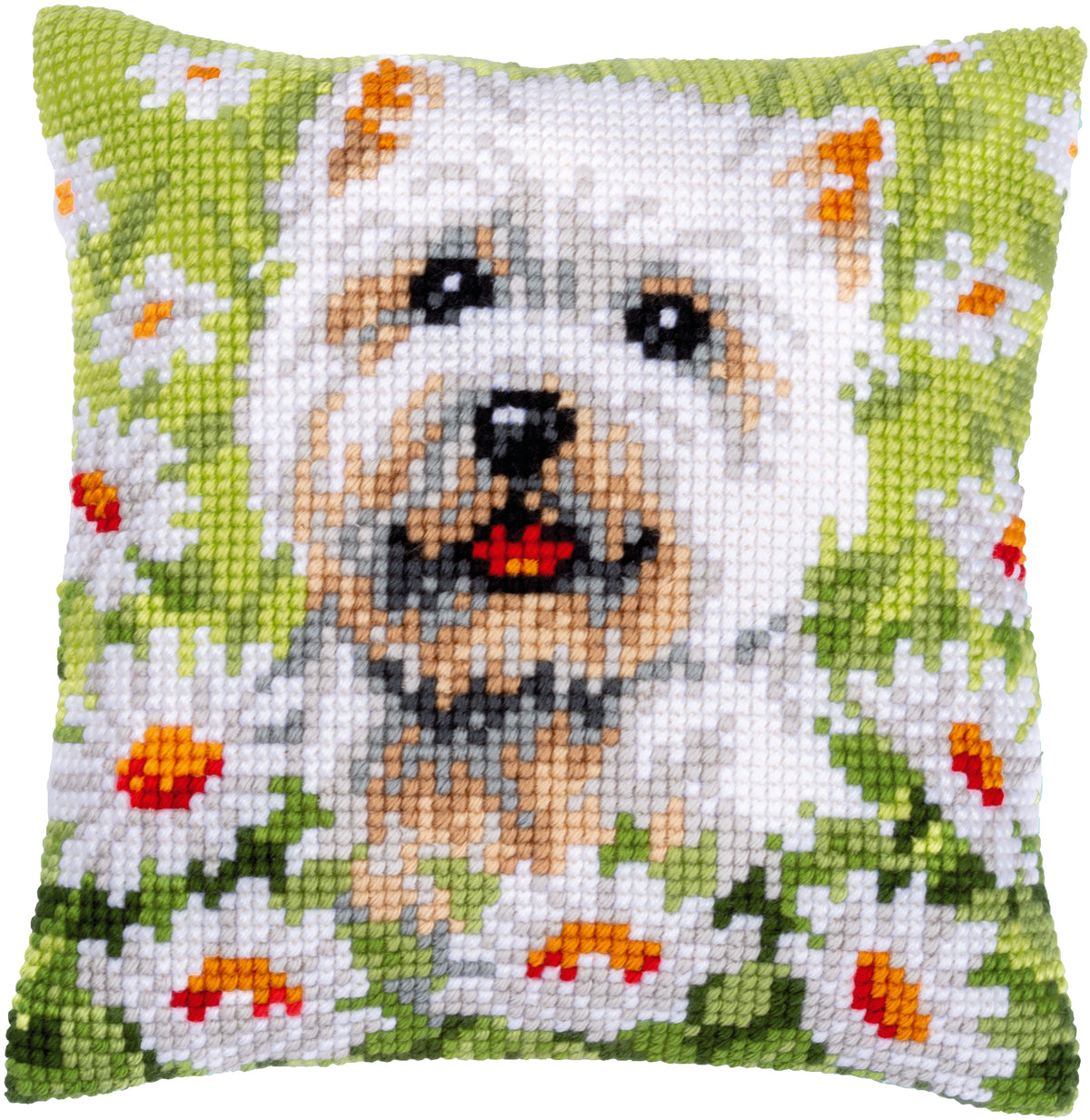 Cross stitched cushion with a dog design