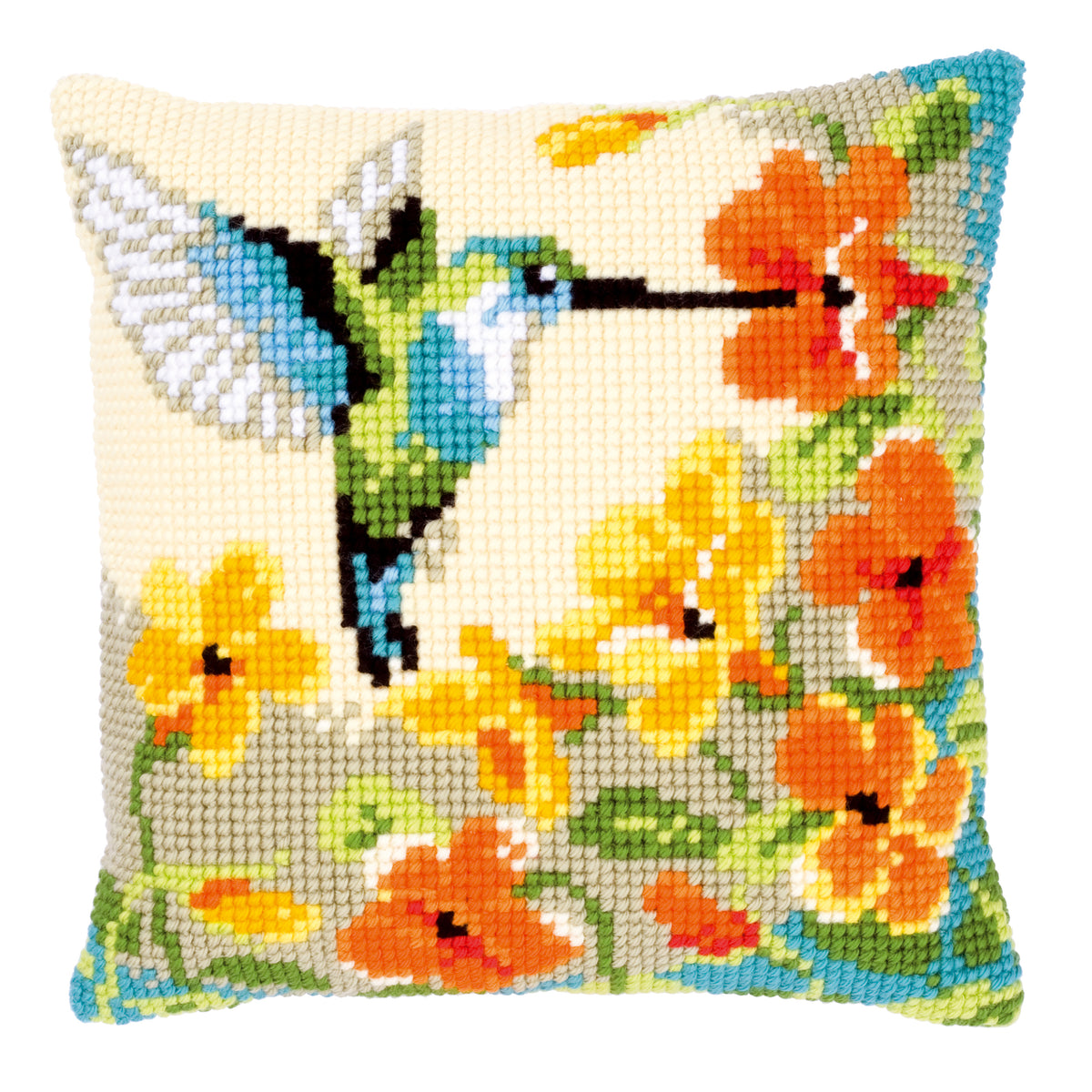 Finished Vervaco cross stitch cushion showing a hummingbird