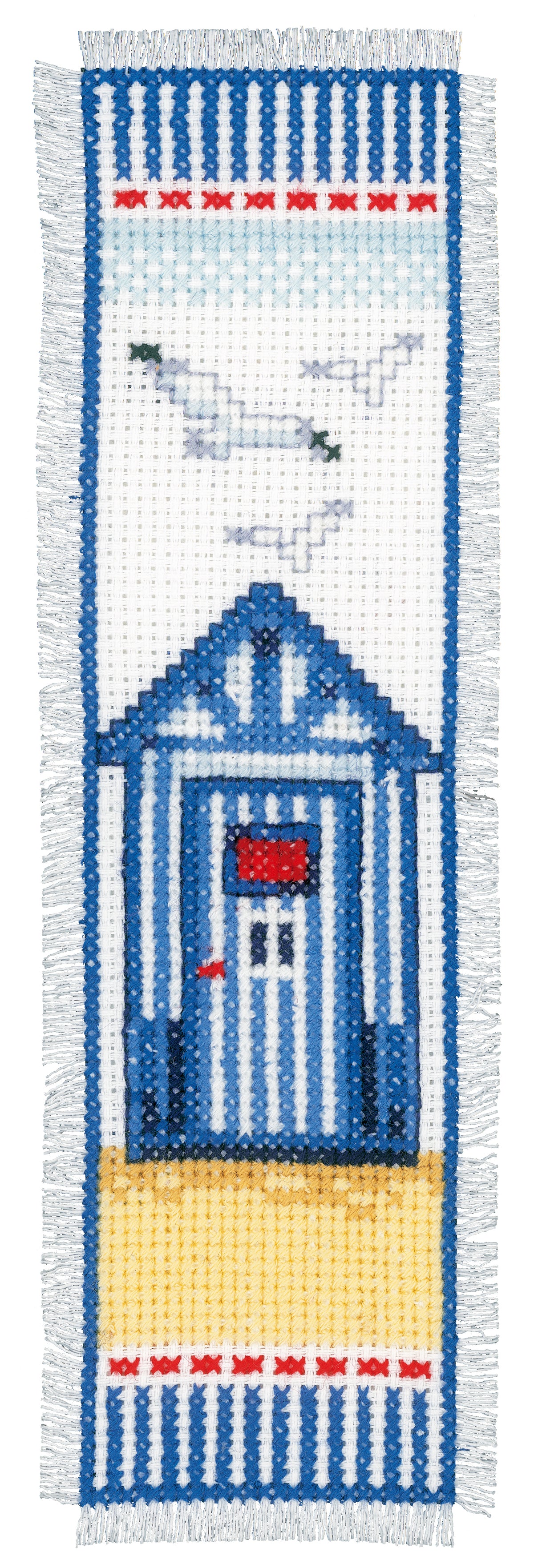 Cross stitched bookmark showing a beach hut