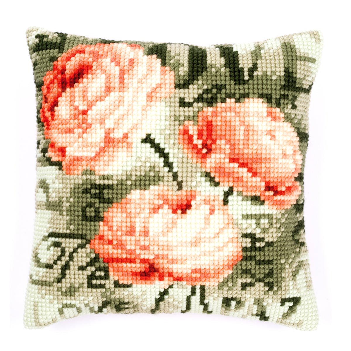 Finished Vervaco cross stitch cushion showing a peony flower